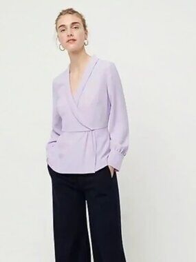 J Crew NWT Drapey Crepe Faux Wrap Shawl Collar Long Sleeve Top Lavender size 6